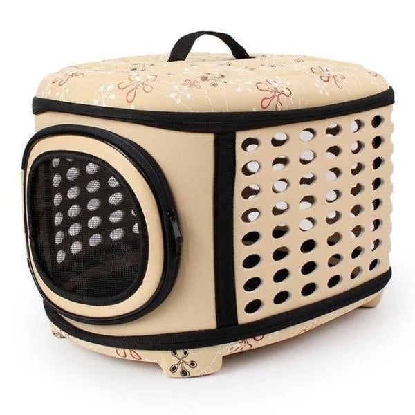 Pet carrier with floral pattern on a white background