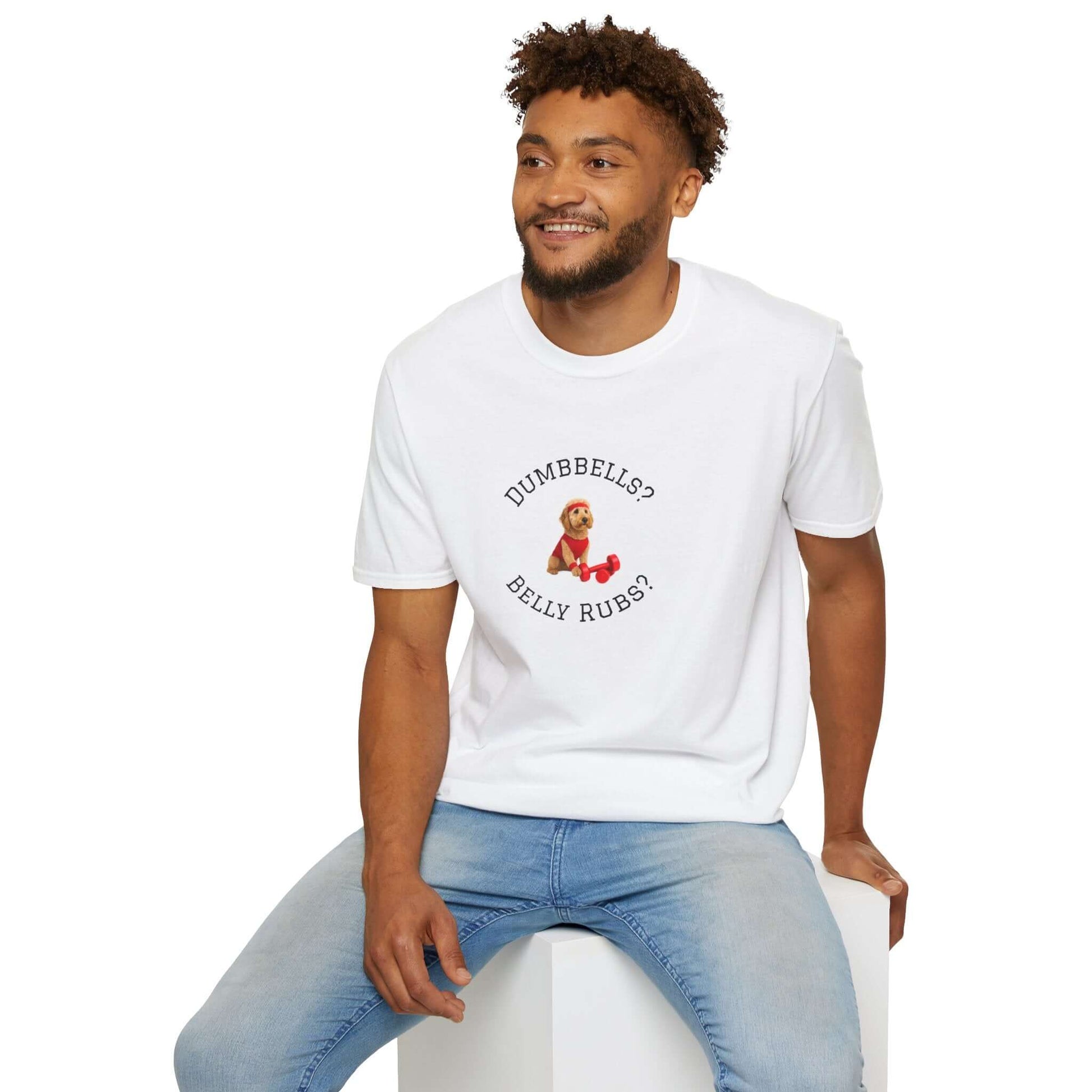 Goldendoodle Dog Lover Workout Tee – “Belly Rubs or Dumbbells?” featuring a man wearing the shirt.