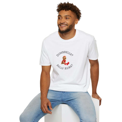 Goldendoodle Dog Lover Workout Tee – “Belly Rubs or Dumbbells?” featuring a man wearing the shirt.