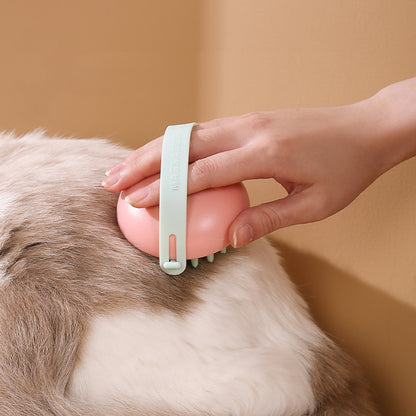 Person using a pet grooming tool on a dog's fur with a plain background