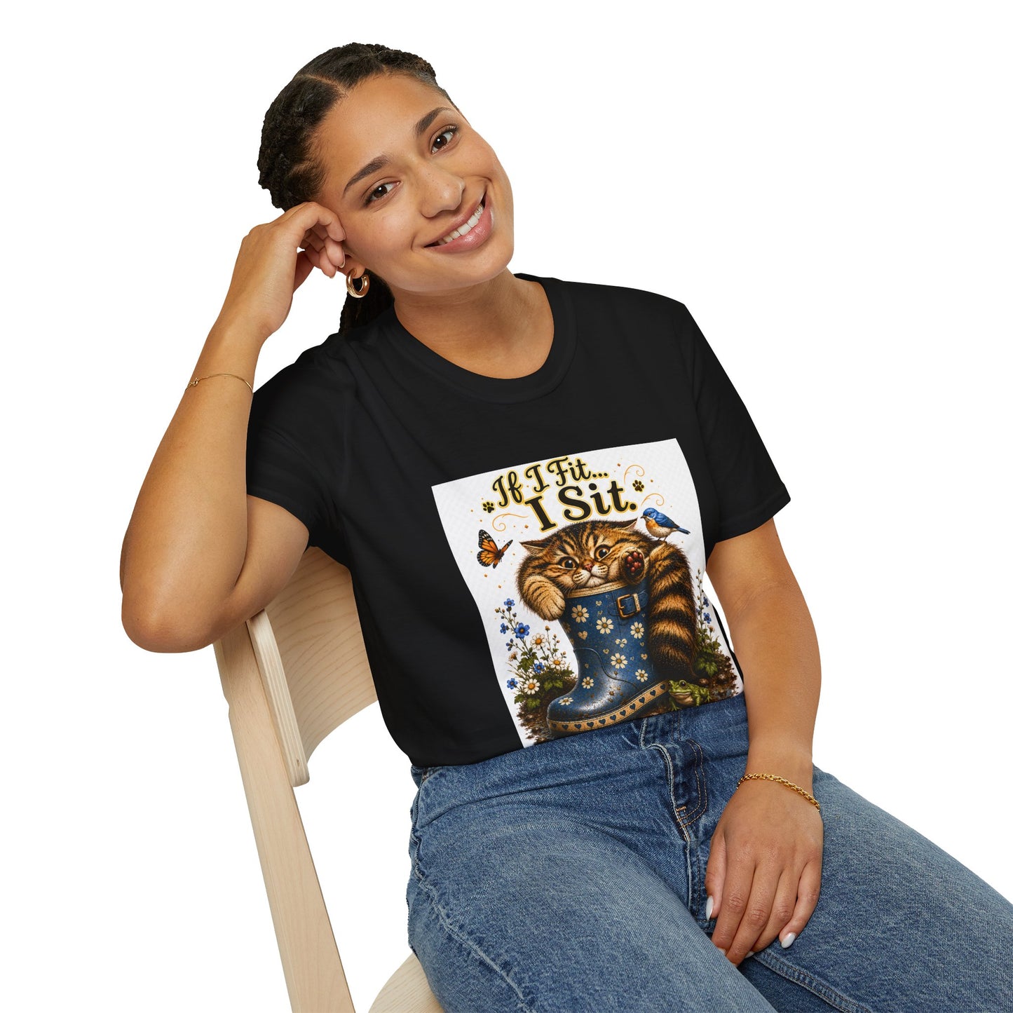 If I Fit... I Sit | Rain Boot Cat Shirt | Funny Gardening Kitty Tee | Cute Cat Lover Gif