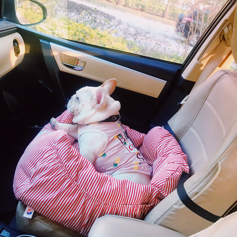 Dog lying on a striped pet bed in the back seat of a car with a view of a lake outside.