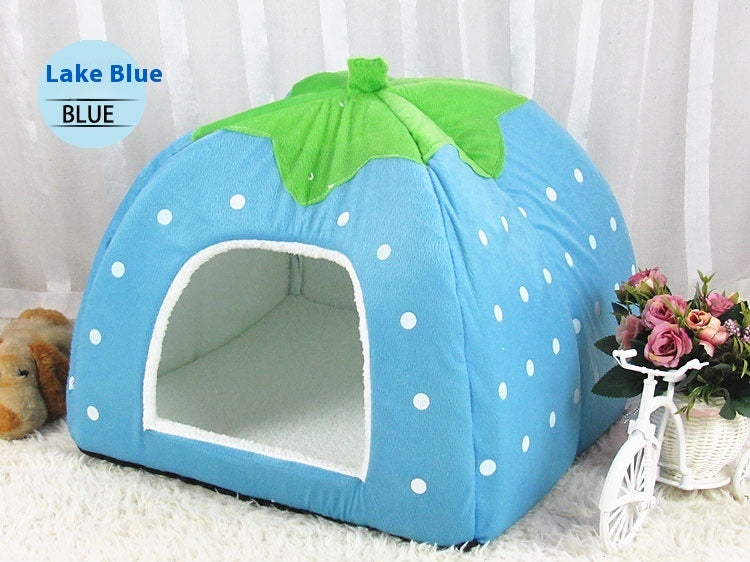 Blue pet bed with green top on a white background