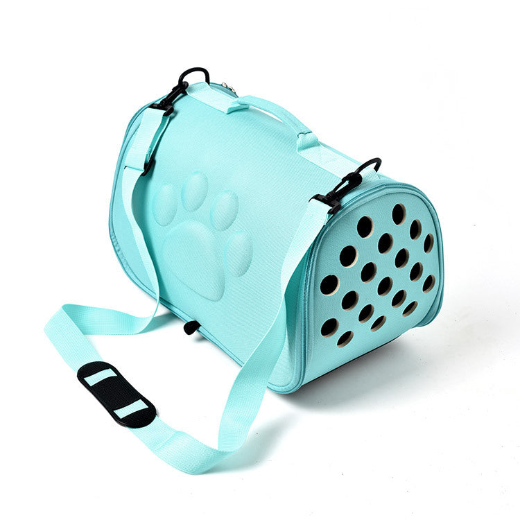 Light blue pet carrier with a strap on a white background