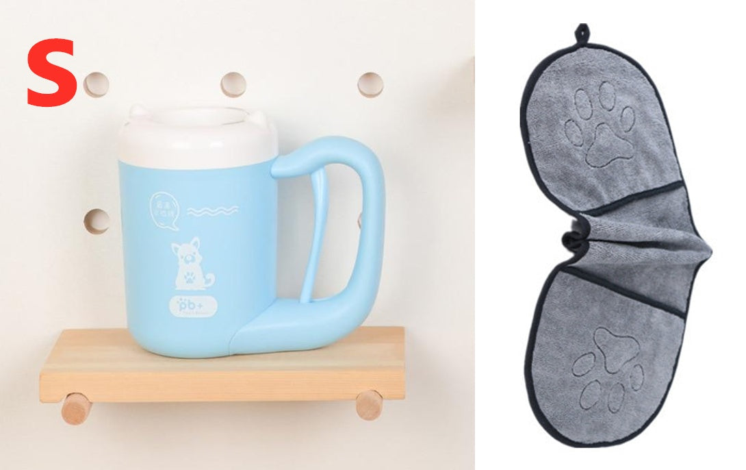 Blue mug on a wooden shelf with a gray bat-shaped pouch on a white background