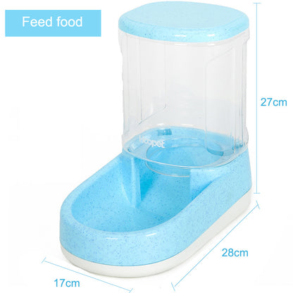 Blue pet feeder with measurements on a white background
