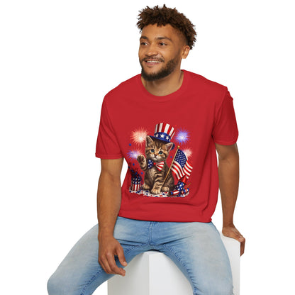 Man wearing a red t-shirt with a kitten in an American flag hat design on a white background