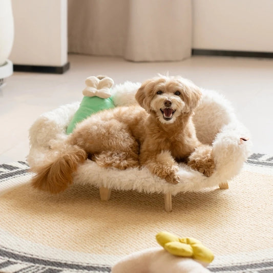 Dog lying on a fluffy pet bed with a toy in a home setting