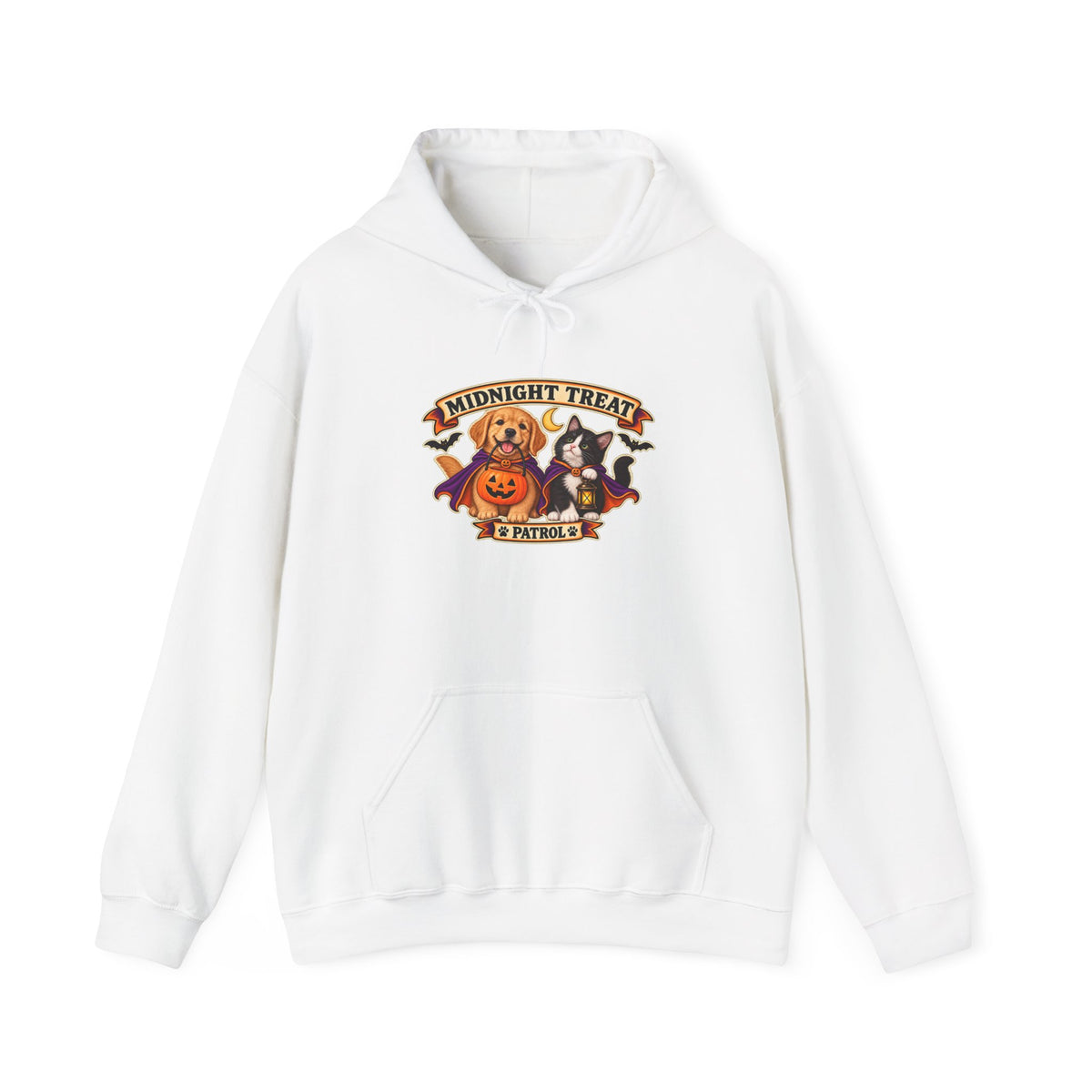 Midnight Treat Patrol Halloween puppy and kitten hoodie in white