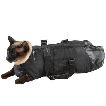 Cat wearing a black tactical vest on a white background