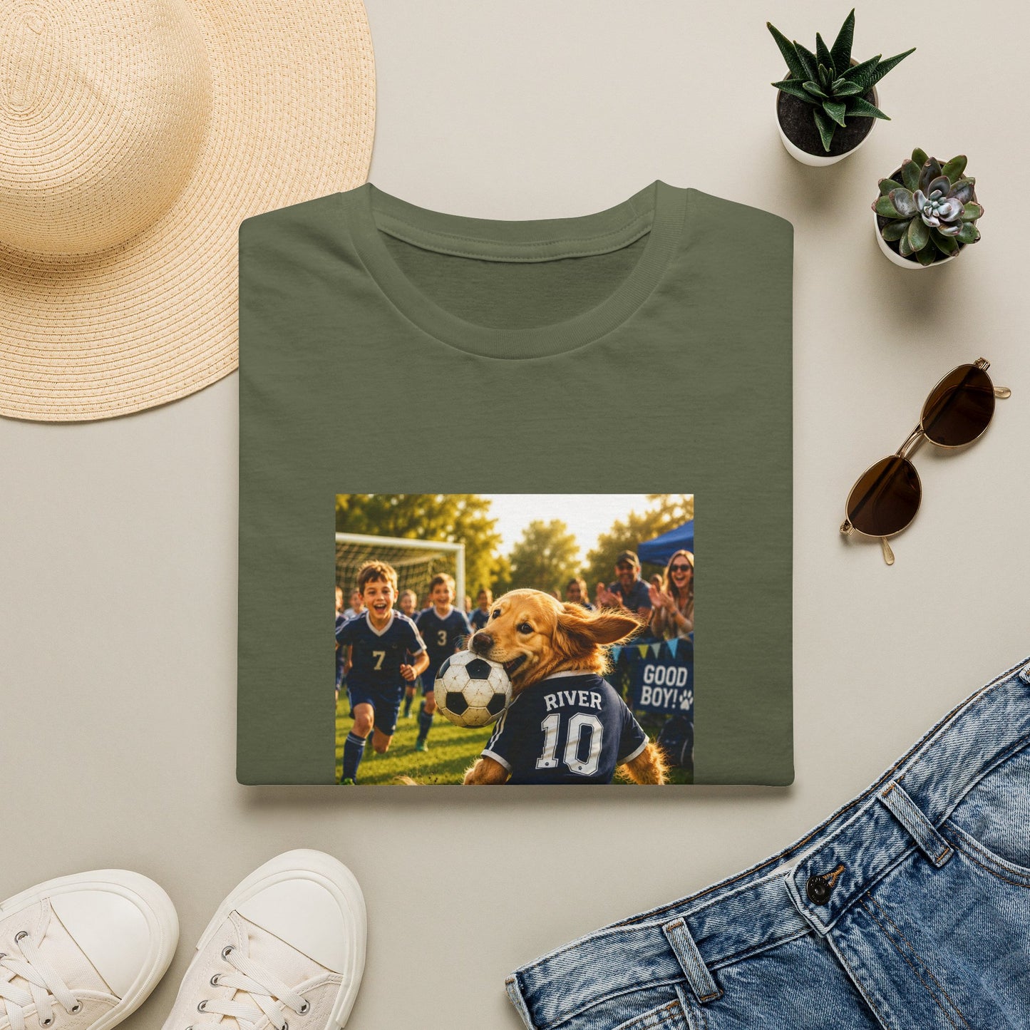An olive green folded t-shirt is displayed in a styled flat-lay arrangement on a light beige background, surrounded by a straw hat, white sneakers, blue jeans, sunglasses, and small potted succulents. The t-shirt features a rectangular graphic print of a golden retriever dog wearing a soccer jersey with the number 10 and the name 'RIVER'.