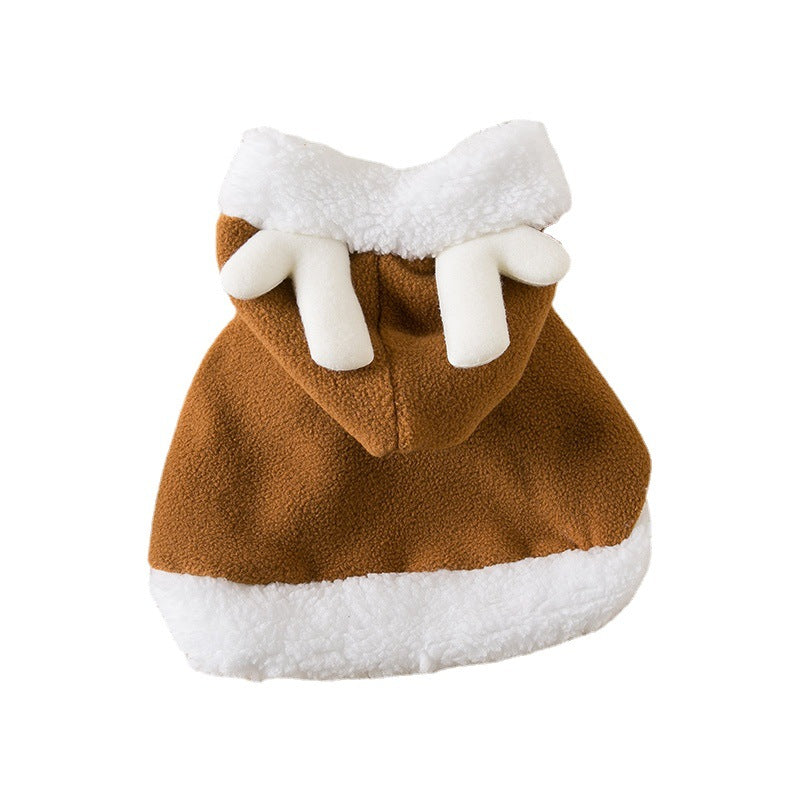 Dog coat with brown body, white fur trim, and white paw pads on a white background