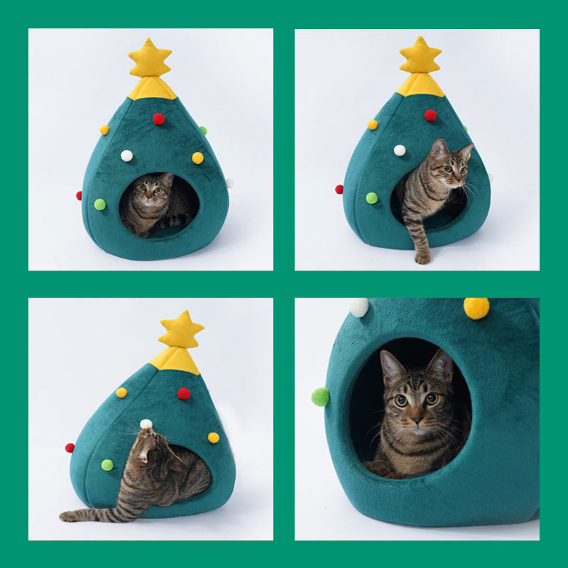 Cat tree shaped like a Christmas tree with a cat inside, on a green background.