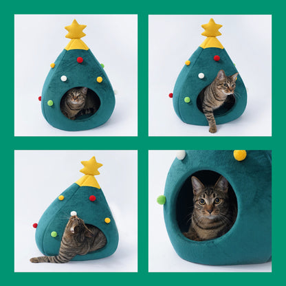 Cat tree shaped like a Christmas tree with a cat inside, on a green background.