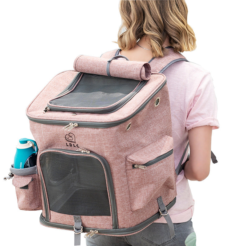Person wearing a pink pet carrier backpack with a water bottle inside, on a white background