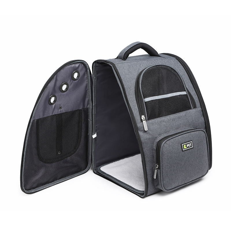 Gray pet carrier with open front panel on a white background