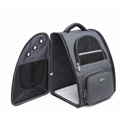 Gray pet carrier with open front panel on a white background
