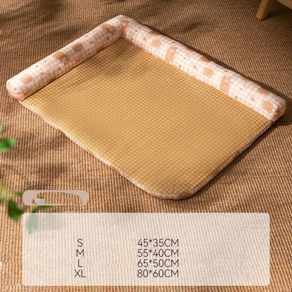 Beige mat with floral border on a brown textured surface, showing size dimensions.