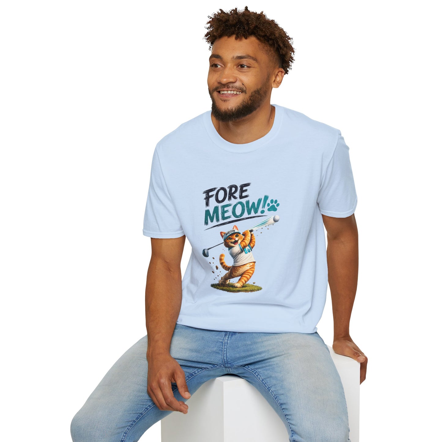Fore Meow funny cat golf T-shirt – Light Blue