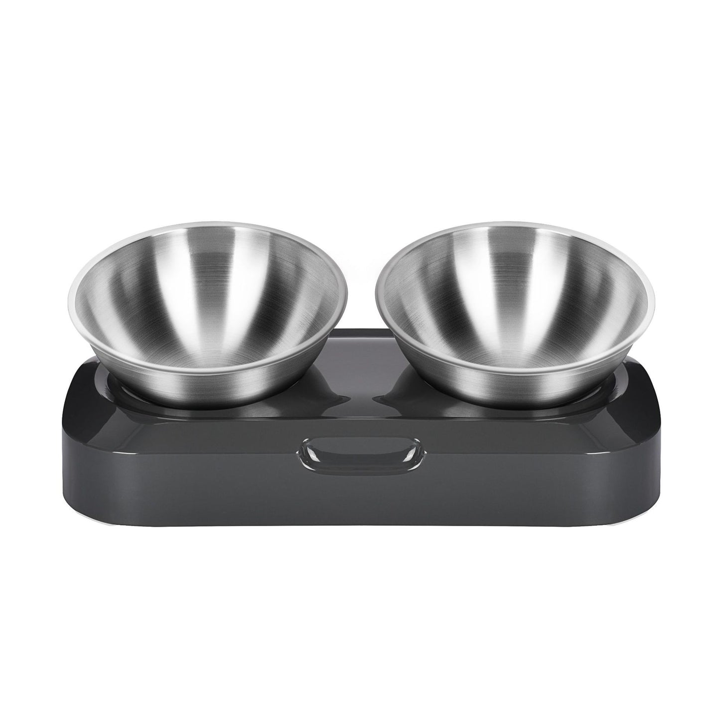 Double stainless steel pet bowl set on a black base with a white background