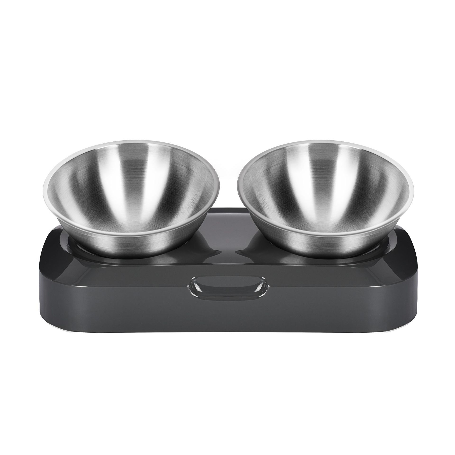 Double stainless steel pet bowl set on a black base with a white background