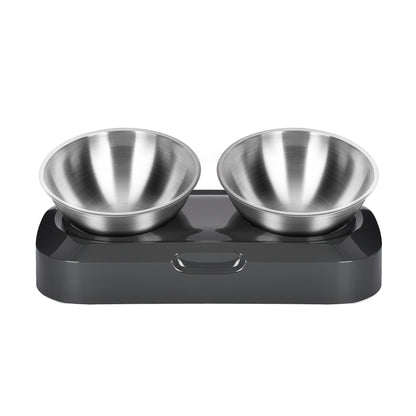 Double stainless steel pet bowl set on a black base with a white background