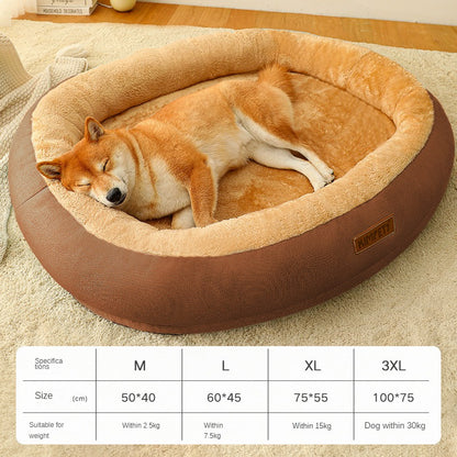 Dog sleeping in a brown pet bed with size chart on a beige carpet
