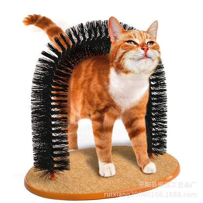 Cat standing on a grooming brush with a white background