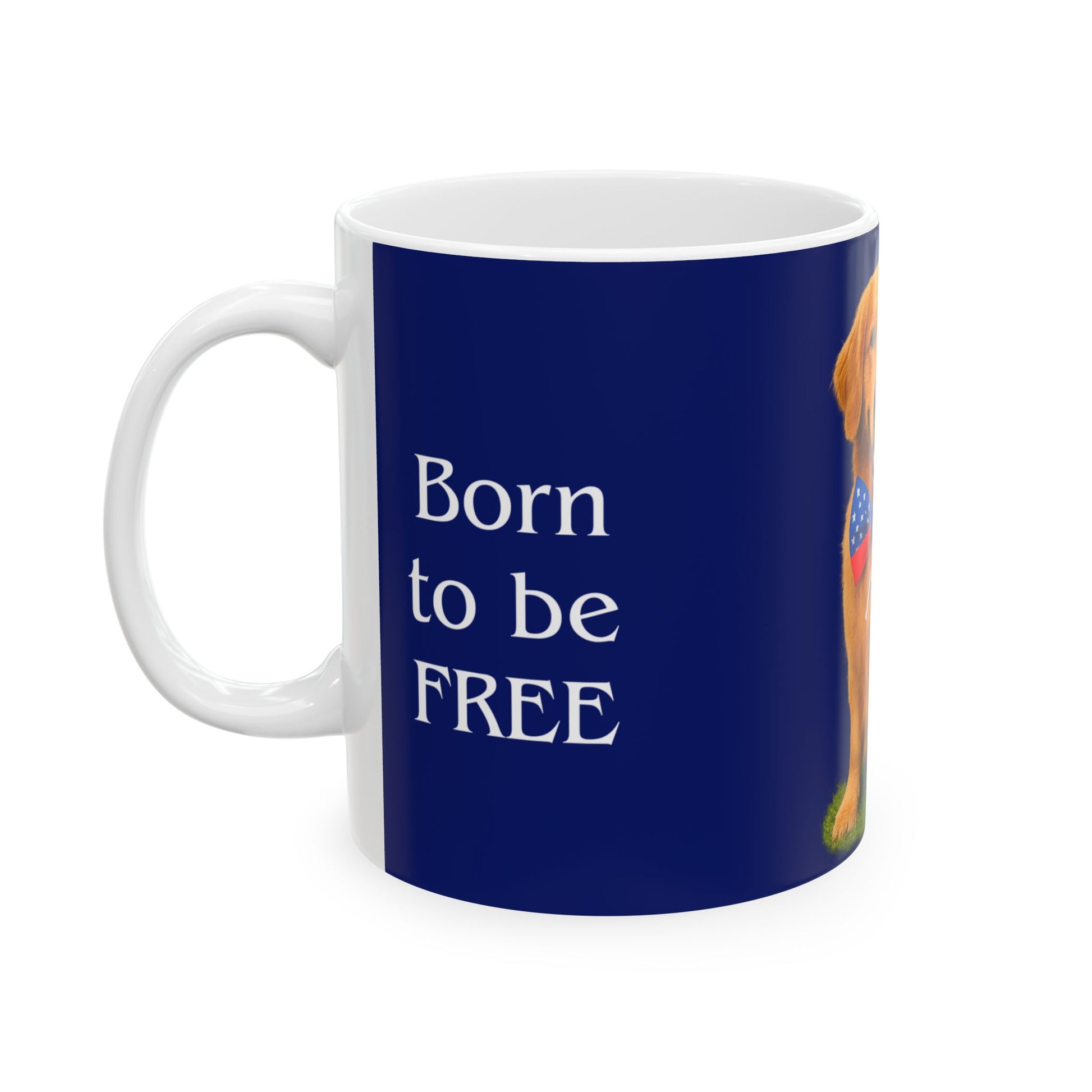 Mug with a dog illustration and 'Born to be FREE' text on a blue background