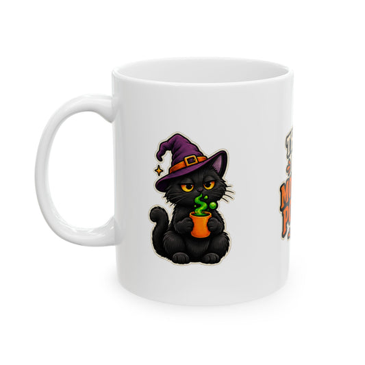 Black cat wearing a purple witch hat on white Halloween coffee mug