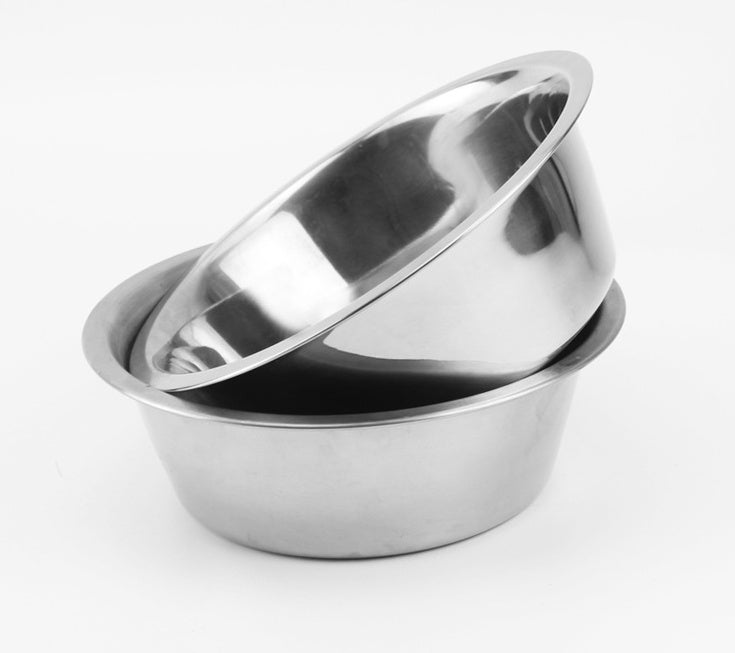 Two stainless steel bowls stacked on a white background