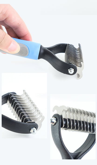 Pet grooming tool with close-up details on a white background