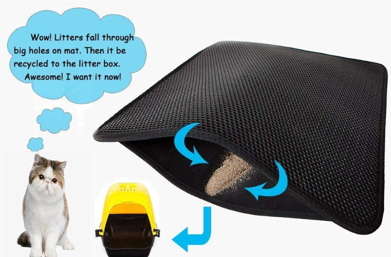Cat litter mat with text and a cat looking at it