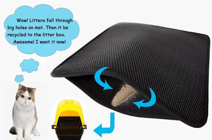 Cat litter mat with text and a cat looking at it