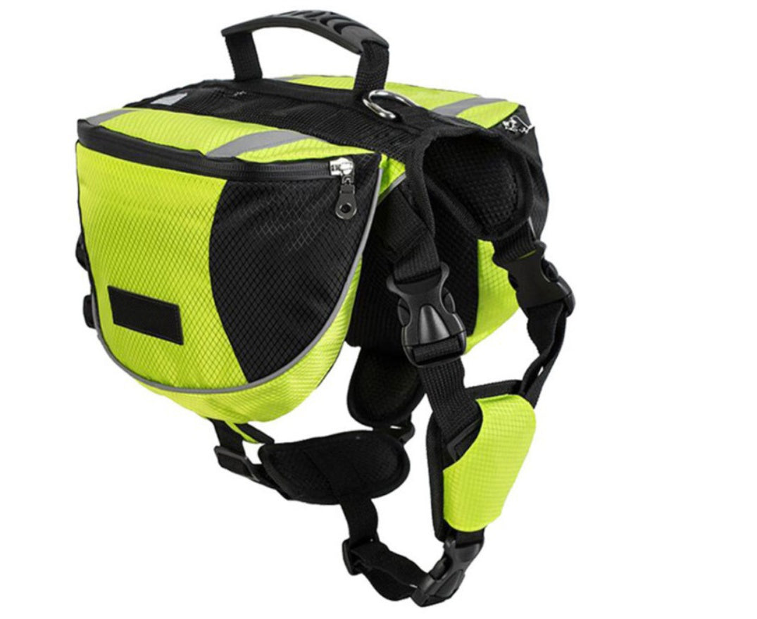 Yellow and black dog harness with reflective stripes on a white background