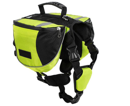 Yellow and black dog harness with reflective stripes on a white background