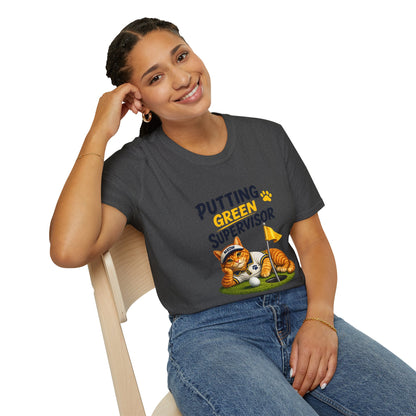 Putting Green Supervisor funny cat golf T-shirt with orange tabby beside golf hole - dark heather