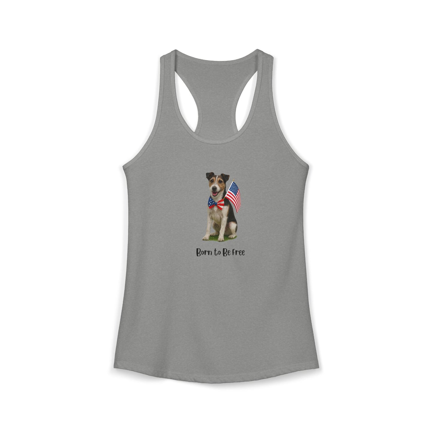 Gray tank top with a dog graphic and 'Born to be Free' text on a white background