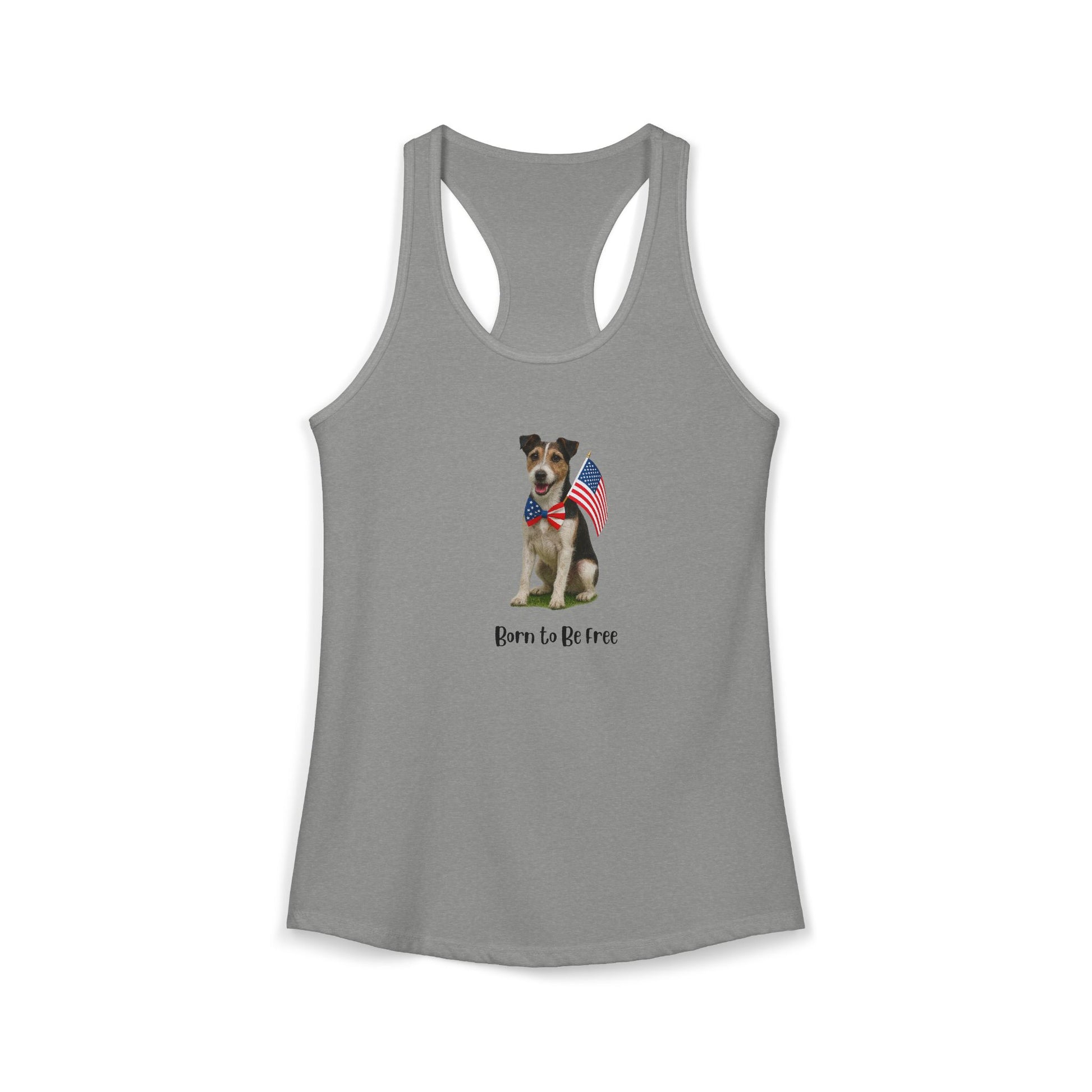 Gray tank top with a dog graphic and 'Born to be Free' text on a white background