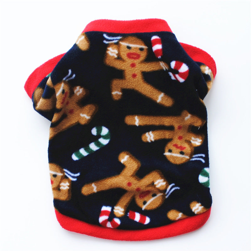 Black & Red Christmas fleece pet costume with Gingerbread men & candy canes design, shown from the  back 