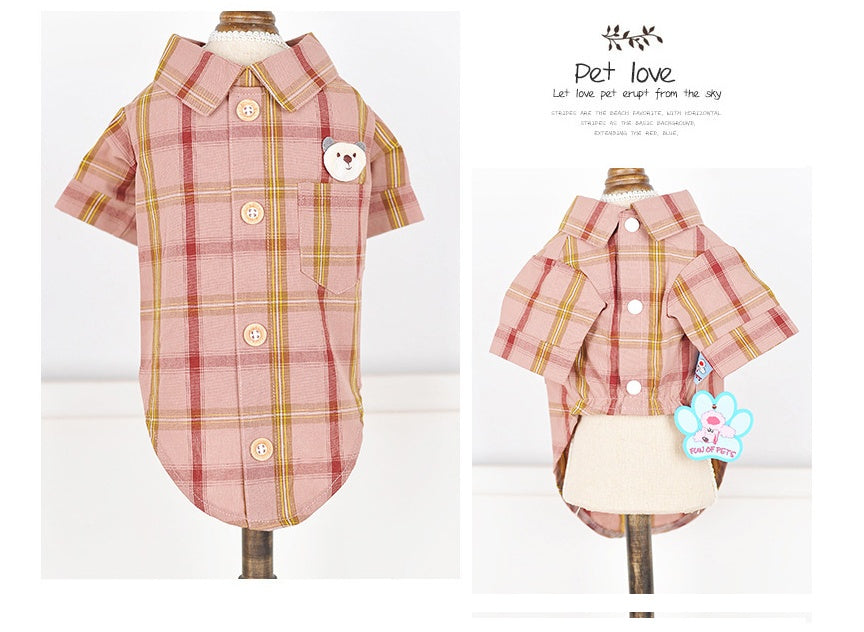 Pink plaid pet coat on a mannequin with 'Pet Love' branding.