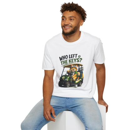 Who Left the Keys funny cat golf T-shirt with orange tabby driving a golf cart- white tee