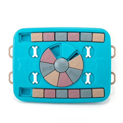 Colorful dog puzzle toy with various shapes on a white background