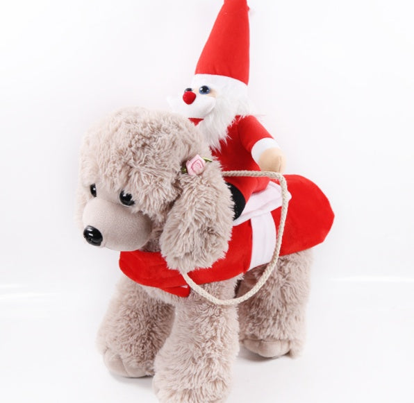 Plush dog toy with a Santa outfit and hat on a white background