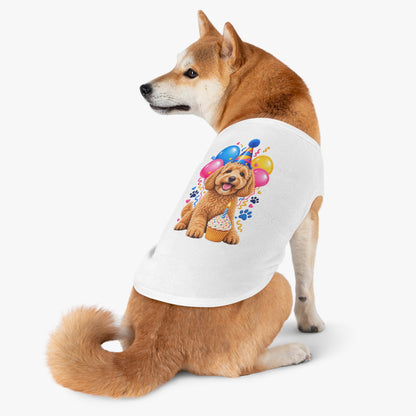Dog wearing white Birthday Dog Tank Top with colorful puppy birthday design