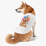 Dog wearing white Birthday Dog Tank Top with colorful puppy birthday design