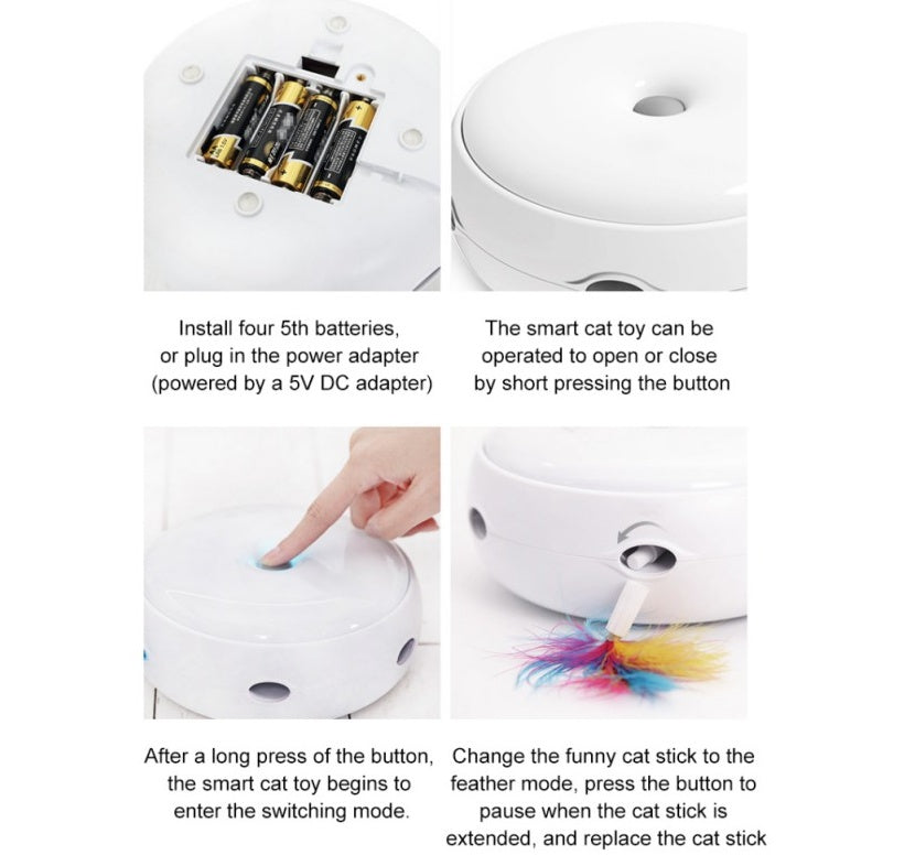 Instructions for using a smart cat toy with batteries or power adapter, button operation, and feather mode.