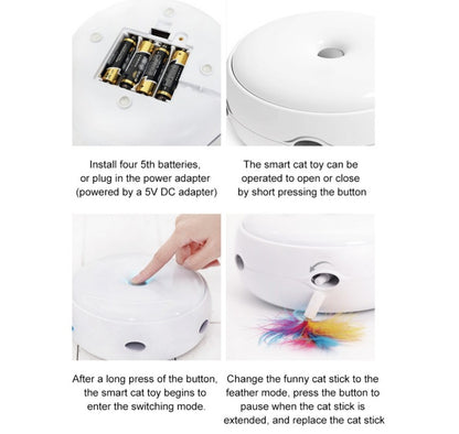 Instructions for using a smart cat toy with batteries or power adapter, button operation, and feather mode.