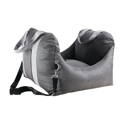 Gray pet car seat with straps on a white background