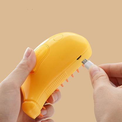 Yellow electronic device with a USB connector held by hands against a beige background